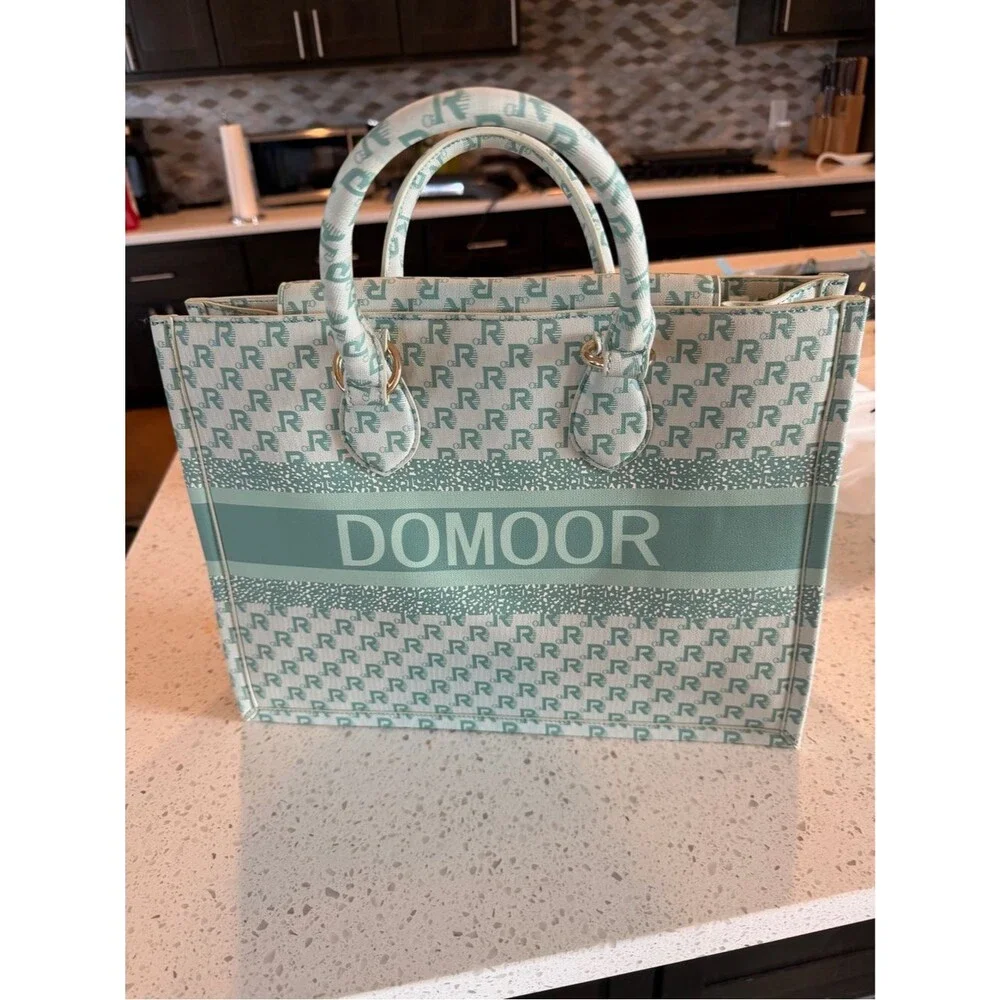Domoor of Denmark Designer Monogram Mint Green Tote Bag Vegan Leather w/Dust Bag
